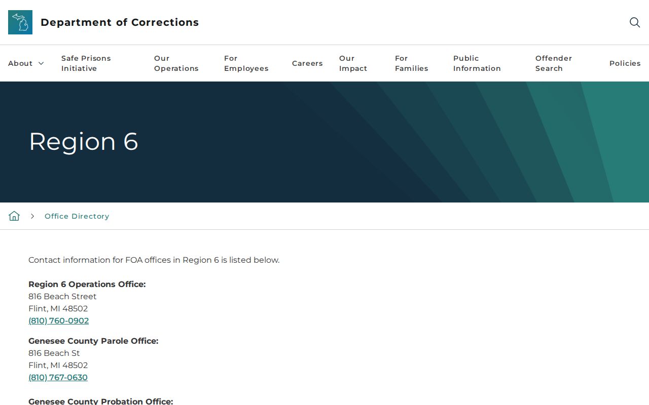 Genesee County parole and probation Region 6 office directory